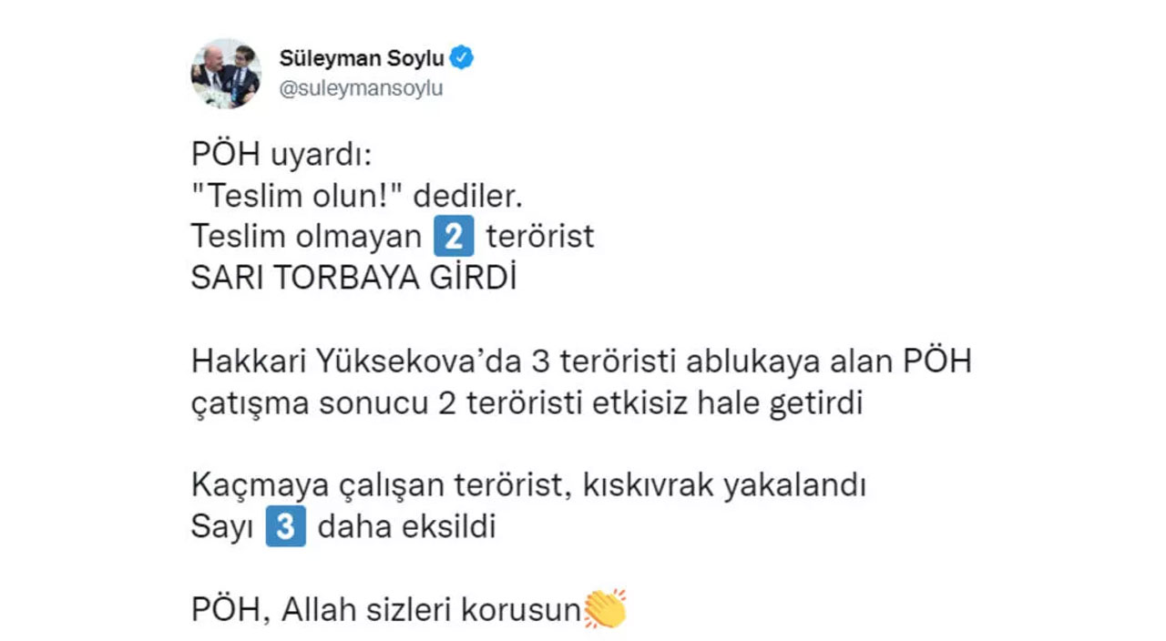 Son dakika... Bakan Soylu duyurdu: Yüksekova'da 2 terörist etkisiz hale getirildi