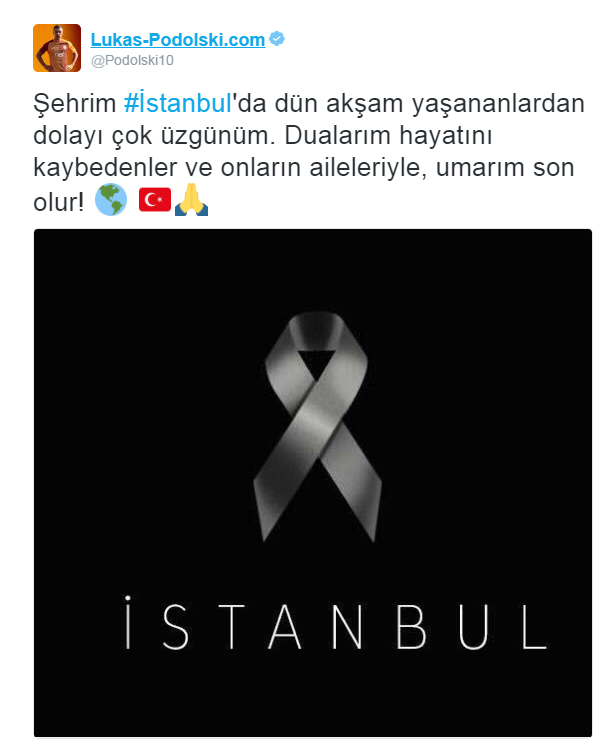 Podolski: Şehrim İstanbul'da yaşananlardan dolayı çok üzgünüm