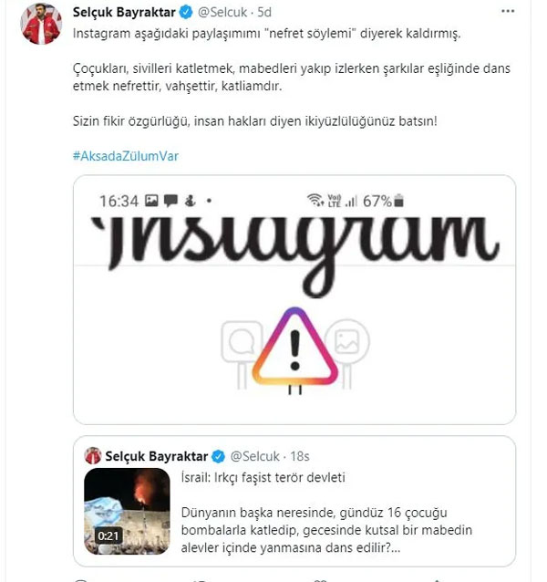 Instagram, Selçuk Bayraktar'ın gönderisini kaldırdı! Instagram, Selçuk Bayraktar'ın gönderisini kaldırdı!