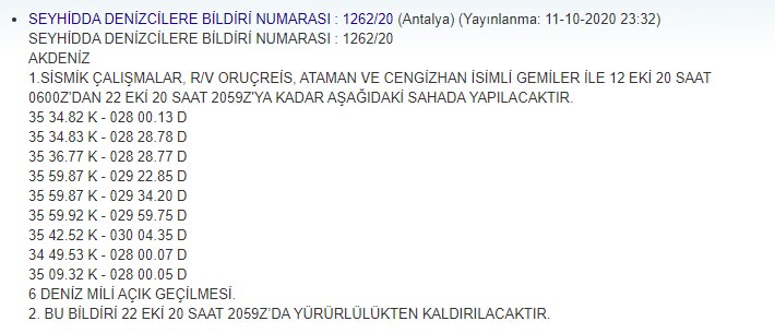 Oruç Reis için NAVTEX yayınlandı