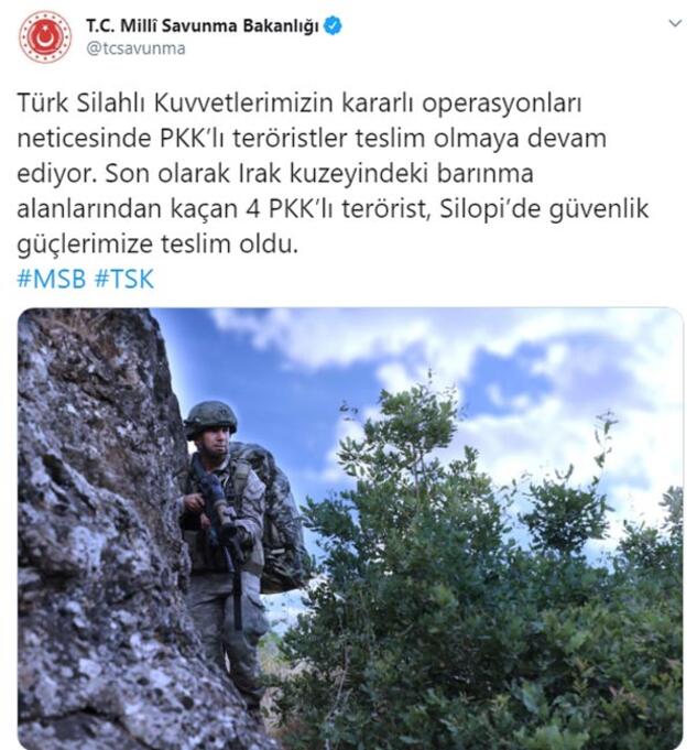 MSB: Silopi'de 4 PKK’lı terörist teslim oldu