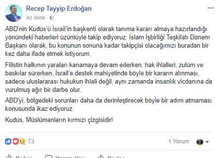Cumhurbaşkanı Erdoğan'dan ABD'ye 'Kudüs' ikazı!