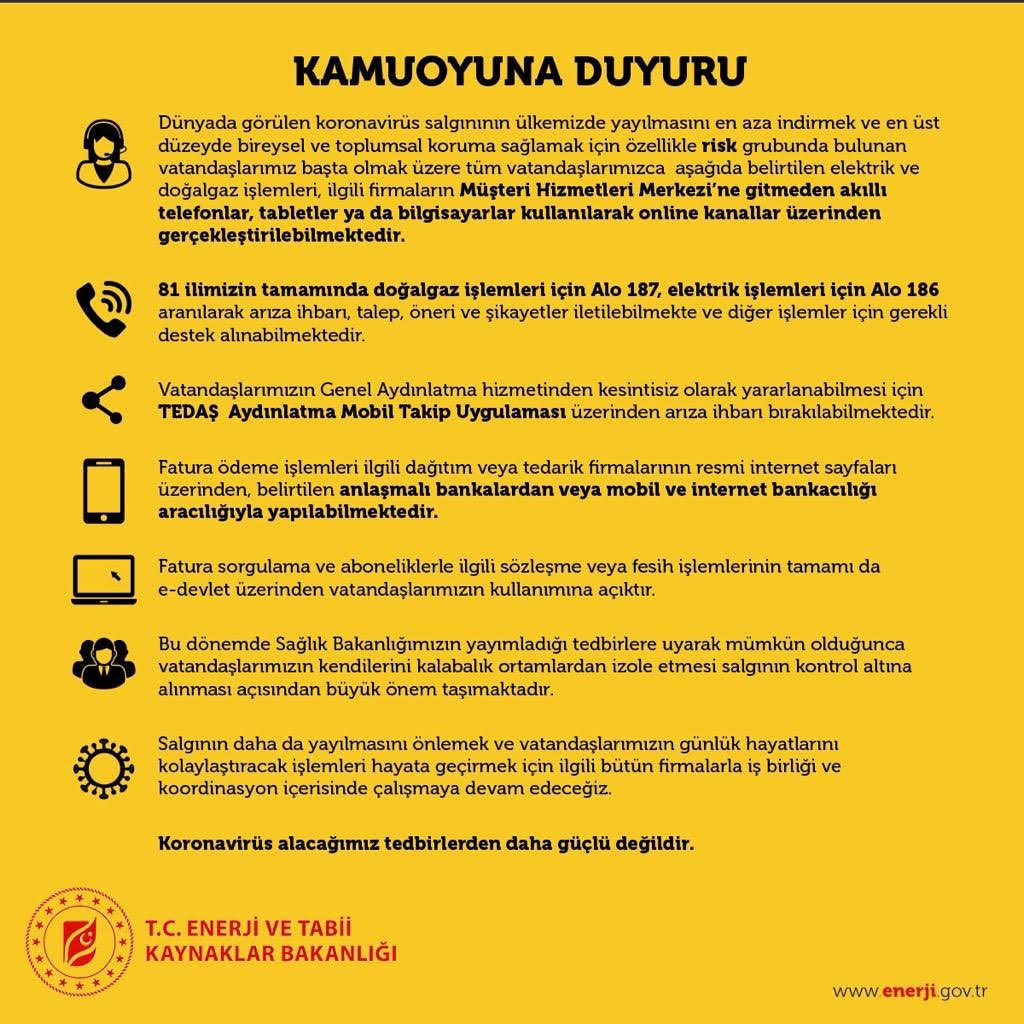 Enerji Bakanı Fatih Dönmez: Risk grubu müşteri merkezlerine gelmesin Enerji Bakanı Fatih Dönmez: Risk grubu müşteri merkezlerine gelmesin