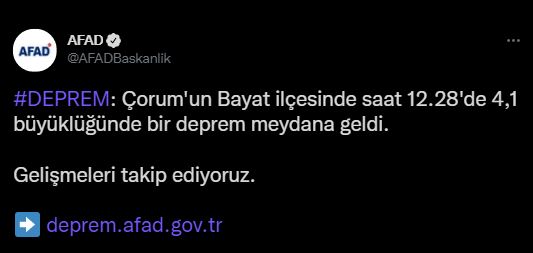 Çorum'da 4.1 büyüklüğünde deprem