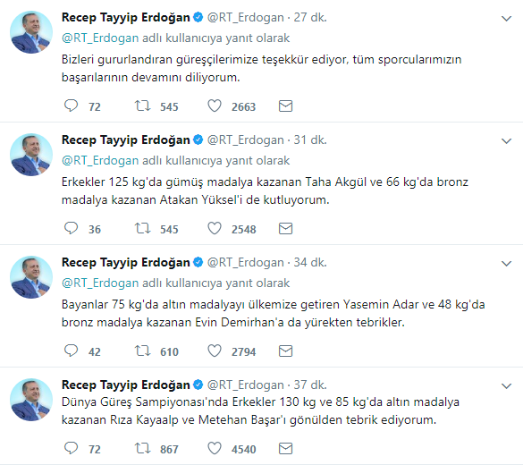 Erdoğan'dan güreş şampiyonlarına tebrik