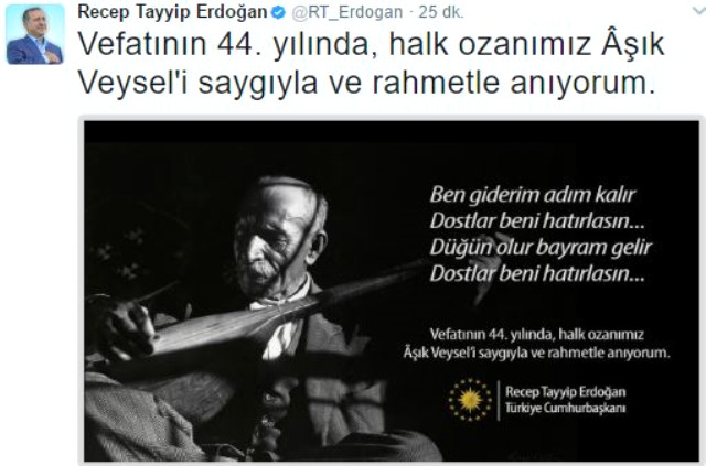 Cumhurbaşkanı Erdoğan'dan Twitter'da Aşık Veysel paylaşımı