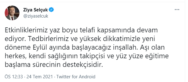 Bakan Selçuk'tan 'yüz yüze eğitim' açıklaması