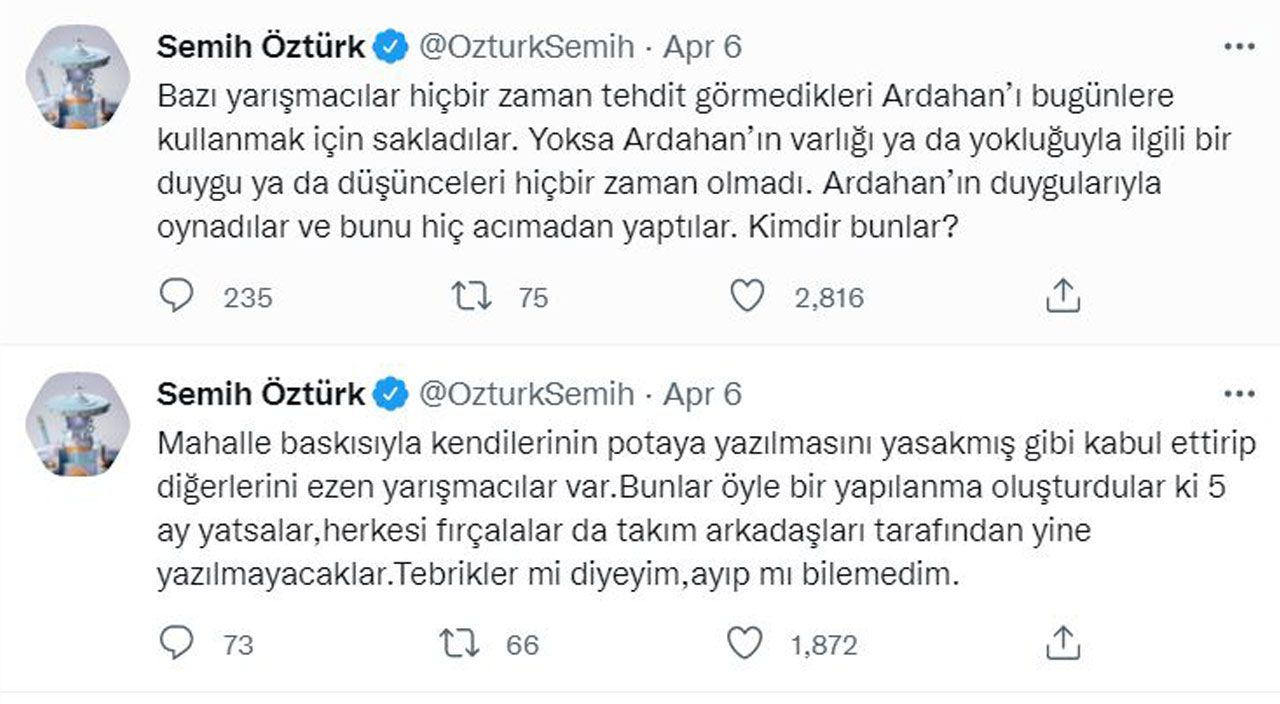 Survivor’dan kovulan Semih Öztürk kendini tutamadı: Ardahan’ın duygularıyla oynadılar