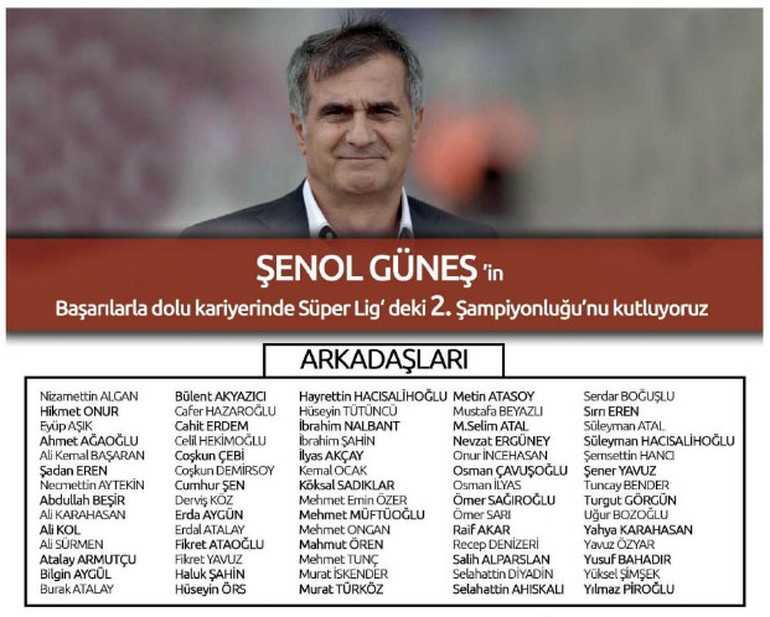 Şenol Güneş için gazeteye 2.şampiyonluk ilanı