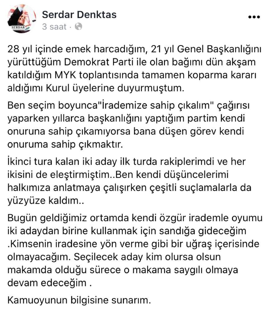 Serdar Denktaş, DP ile tüm bağlarını kopardığını açıkladı