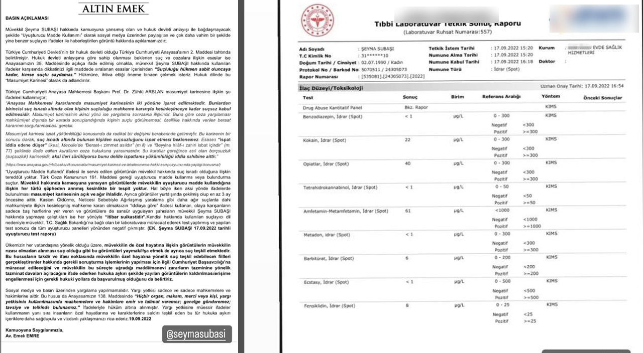 Çekilen görüntüleri olay olmuştu… Şeyma Subaşı’nın uyuşturucu testi sonucunu avukatı paylaştı Çekilen görüntüleri olay olmuştu… Şeyma Subaşı’nın uyuşturucu testi sonucunu avukatı paylaştı