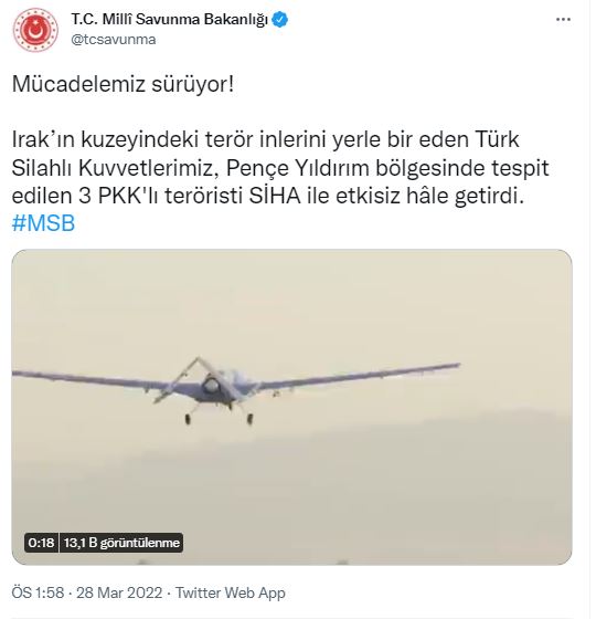 MSB duyurdu: 3 PKK'lı SİHA ile etkisiz hale getirildi