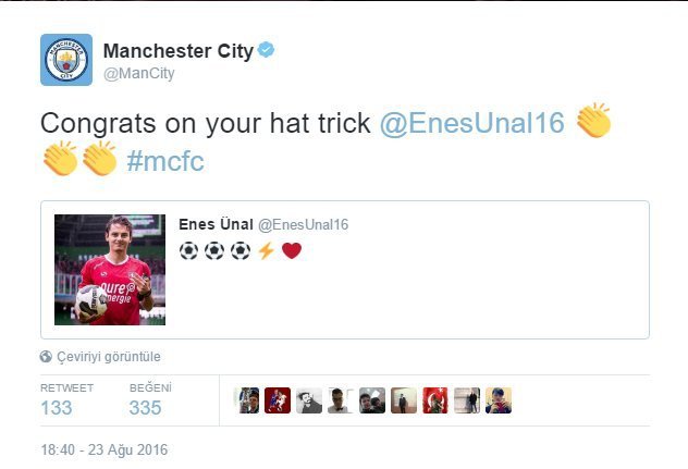 Manchester City, Hat-Trick yapan Enes Ünal'ı tebrik etti