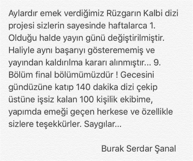 Final yapacak Rüzgarın Kalbi'nin başrol oyuncusundan sitem