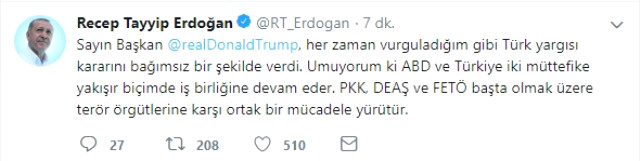 Cumhurbaşkanı Erdoğan'dan Trump'a Brunson cevabı