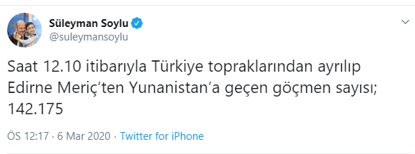İçişleri Bakanı Soylu: Türkiye'den Yunanistan’a geçen göçmen sayısı 142 bin 175 oldu