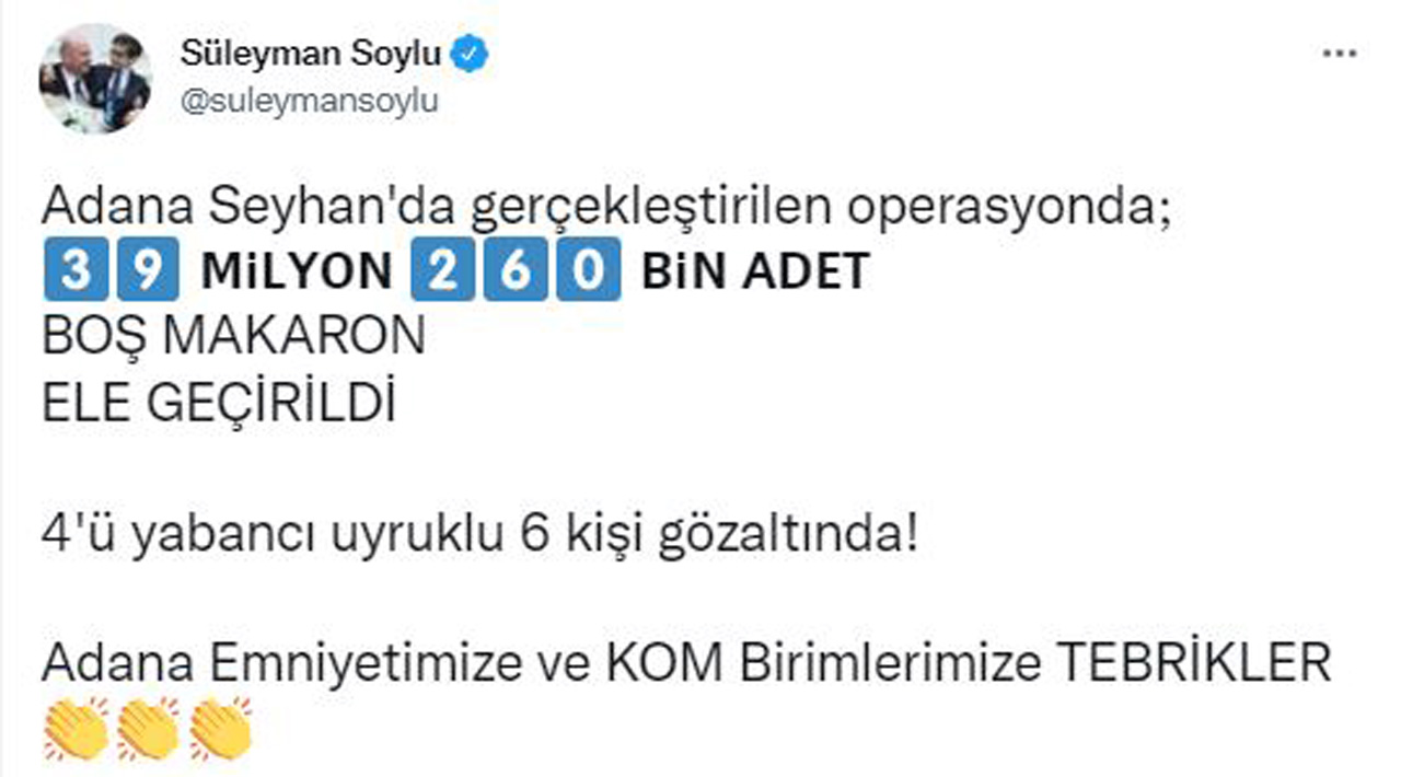 Son dakika: Adana'da 39 milyon 260 bin adet boş makaron ele geçirildi