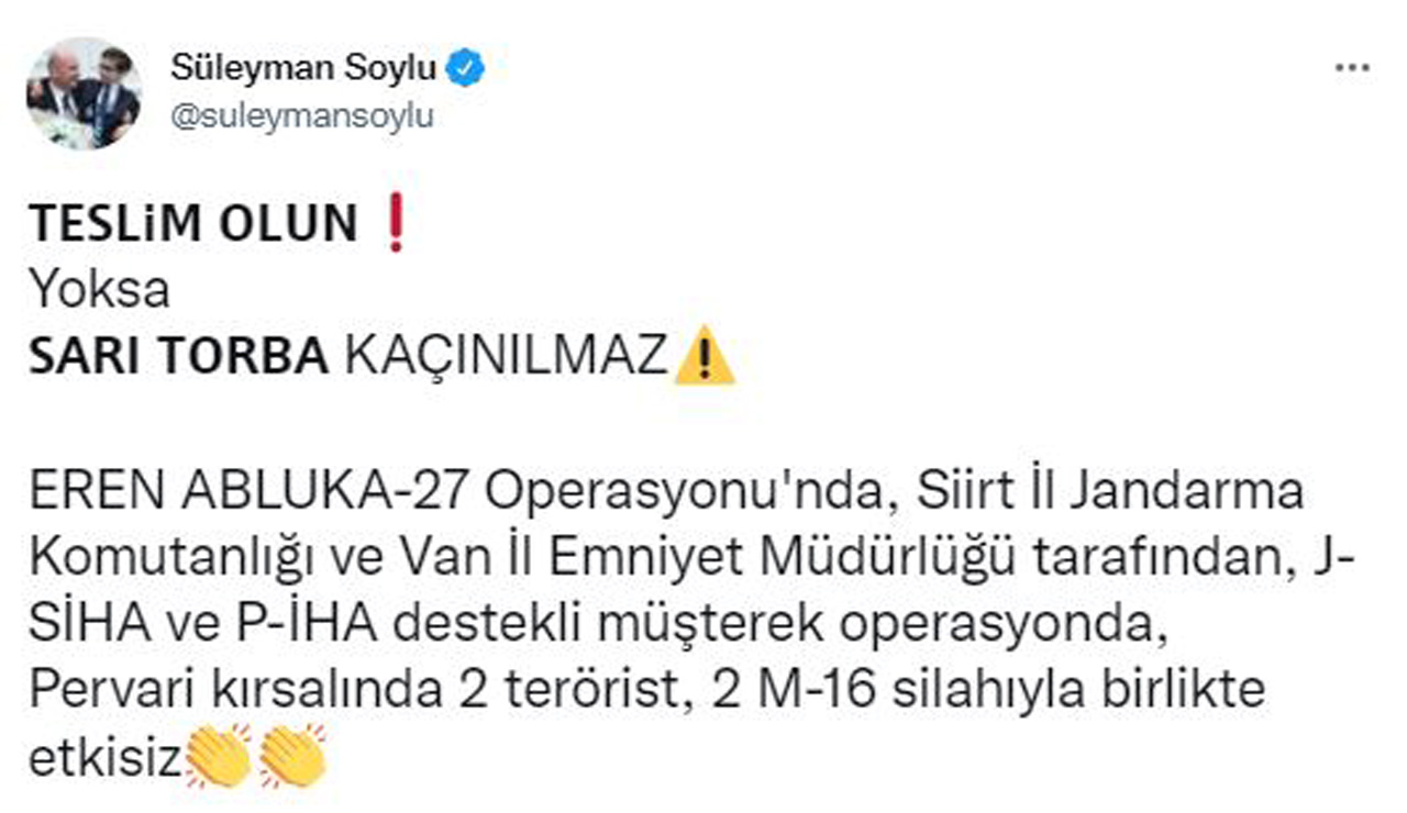 Bakan Soylu'dan teröristlere 'teslim olun' çağrısı: Yoksa sarı torba kaçınılmaz