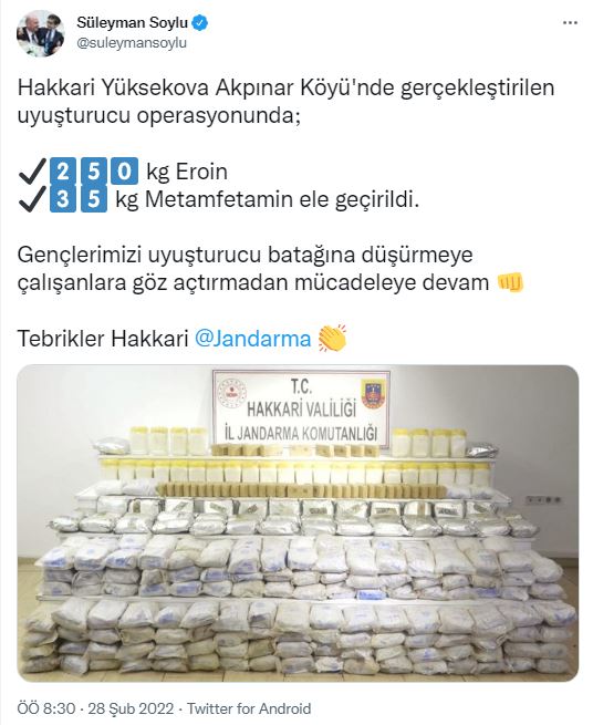 Bakan Soylu: Hakkari'de 250 kg uyuşturucu ele geçirildi