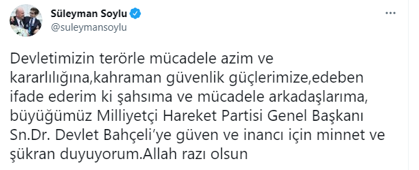 Bakan Soylu'dan Bahçeli'ye teşekkür mesajı