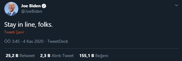 Joe Biden'dan 'sandıkları terketmeyin' çağrısı Joe Biden'dan 'sandıkları terketmeyin' çağrısı