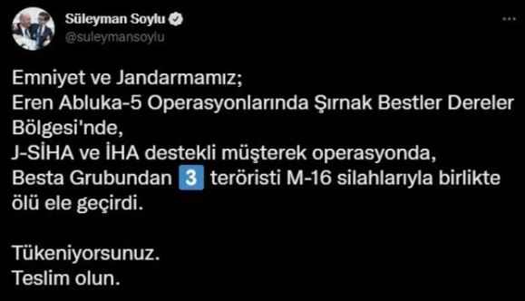 Bakan Soylu: 3 terörist M-16 silahlarıyla birlikte ölü ele geçirildi
