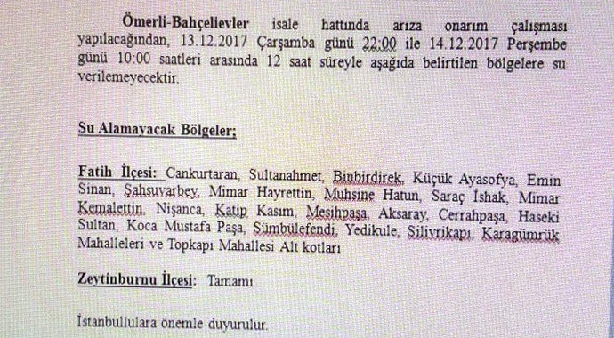 13 Aralık İstanbul'da su kesintisi (Sular Ne Zaman Gelecek) | Zeytinburnu, Fatih su neden yok?