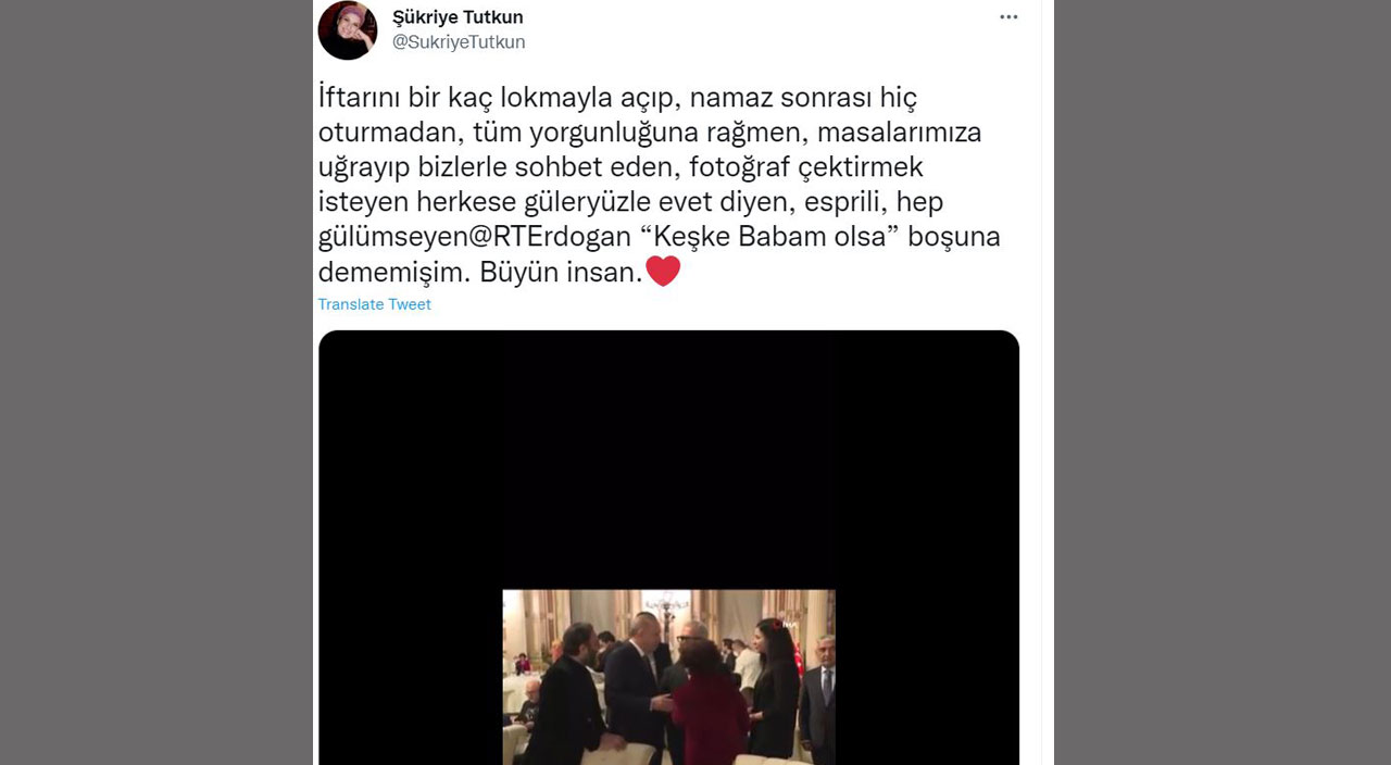 İftar davetine katılan Şükriye Tutkun Cumhurbaşkanı’nın tavırlarına hayran kaldı: Erdoğan keşke babam olsa İftar davetine katılan Şükriye Tutkun Cumhurbaşkanı’nın tavırlarına hayran kaldı: Erdoğan keşke babam olsa