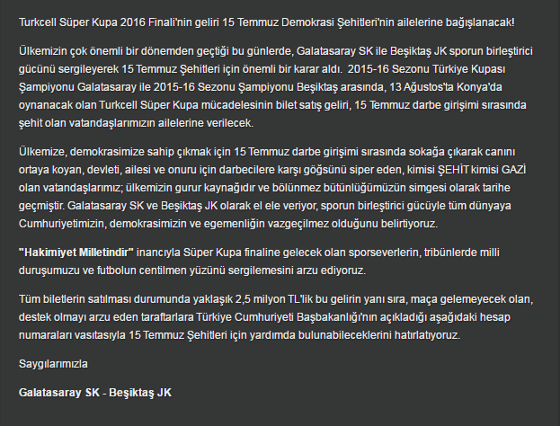 Süper Kupa gelirleri 15 Temmuz şehitlerinin ailelerine bağışlanacak