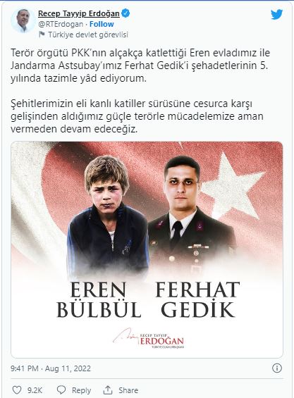 Cumhurbaşkanı Erdoğan’dan Eren Bülbül ve Ferhat Gedik paylaşımı