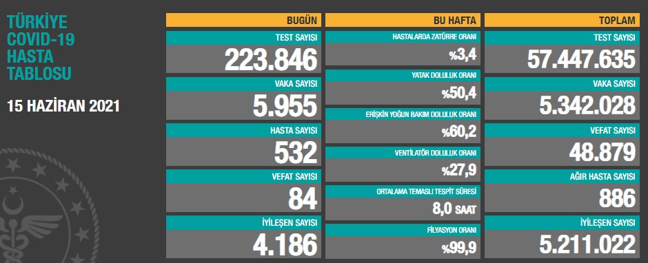 15 Haziran koronavirüs tablosu