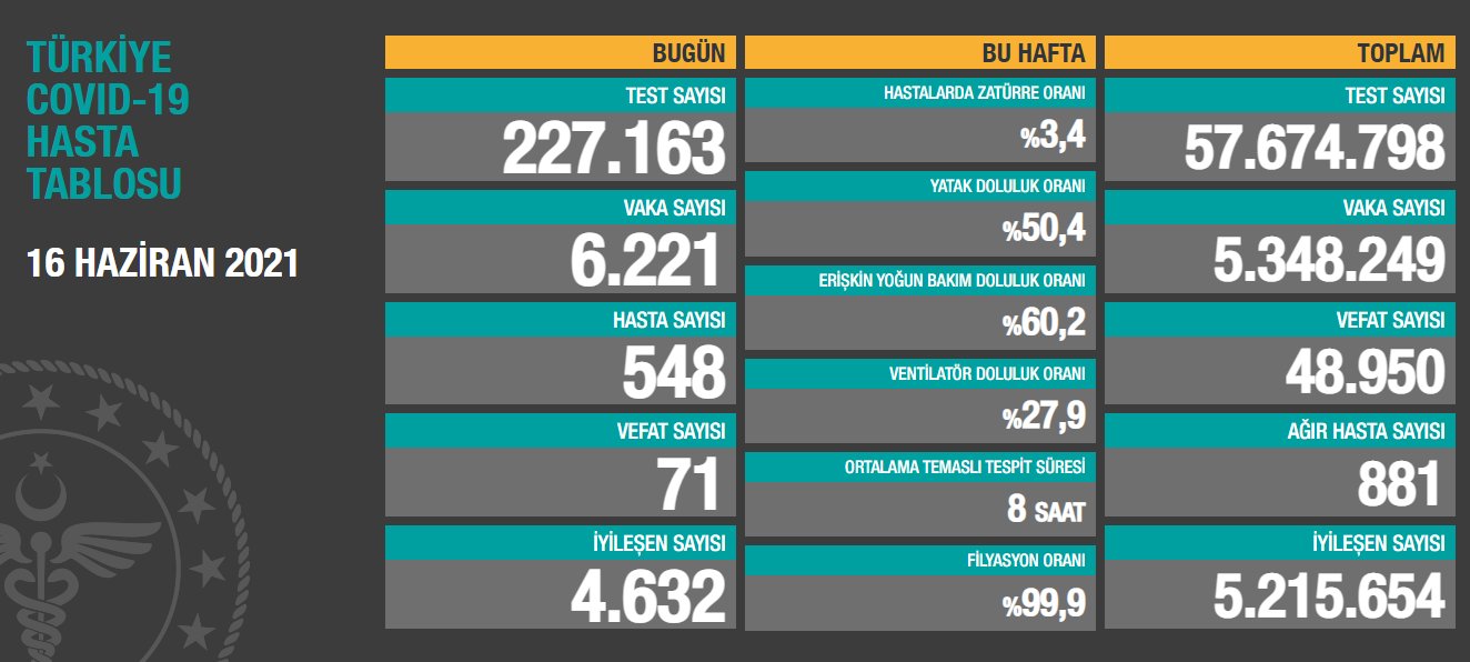 16 Haziran 2021 koronavirüs tablosu