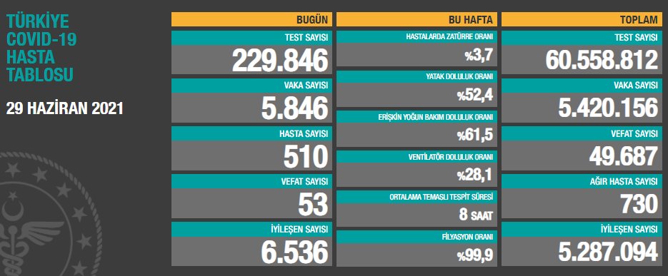 29 Haziran koronavirüs tablosu
