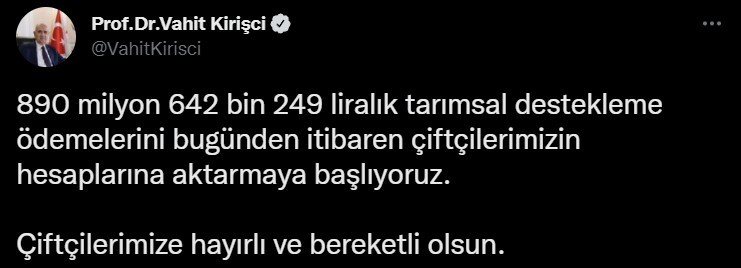 Bakanı Kirişçi duyurdu: 890 milyonluk tarım desteği ödemeleri başladı