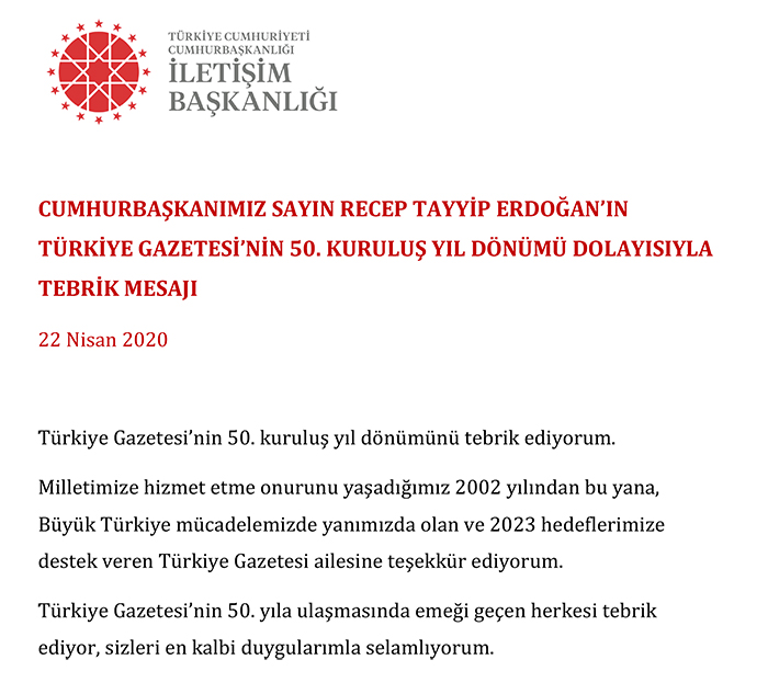 Cumhurbaşkanı, gazetemizin 50. yılı dolayısıyla mesaj gönderdi: Türkiye her zaman yanımızdaydı