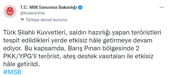 MSB duyurdu: Saldırı hazırlığındaki 2 terörist etkisiz hale getirildi