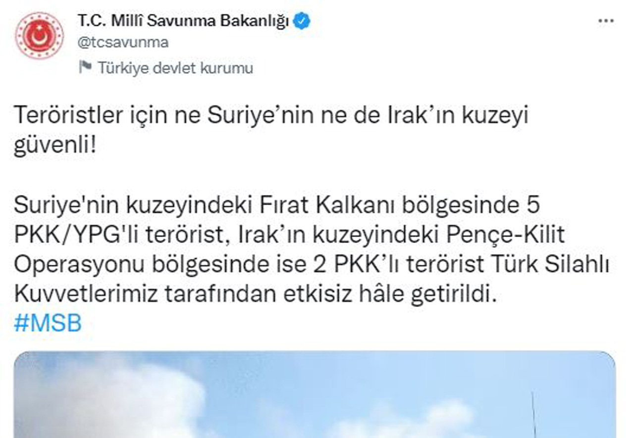 MSB: Suriye ve Irak'ın kuzeyinde 7 terörist öldürüldü MSB: Suriye ve Irak'ın kuzeyinde 7 terörist öldürüldü