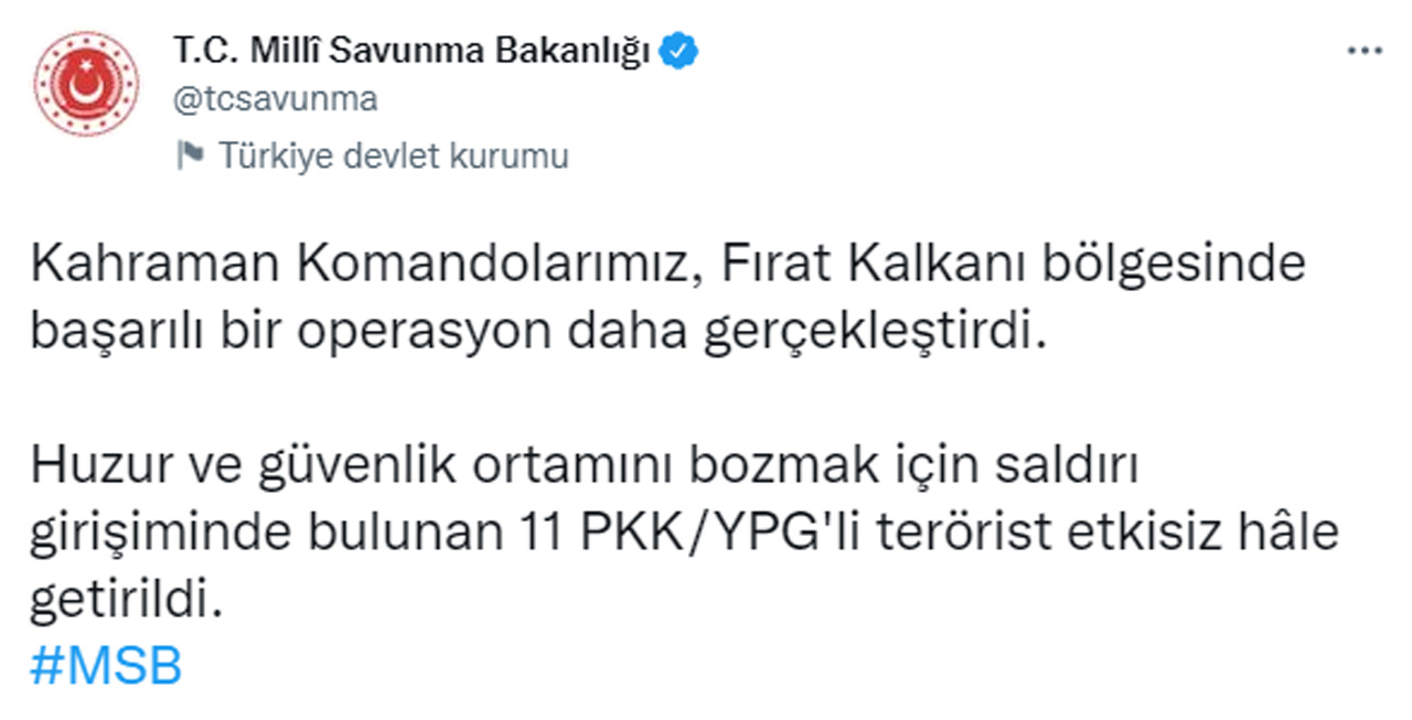 MSB açıkladı: Saldırı girişiminde bulunan 11 terörist etkisiz hale getirildi