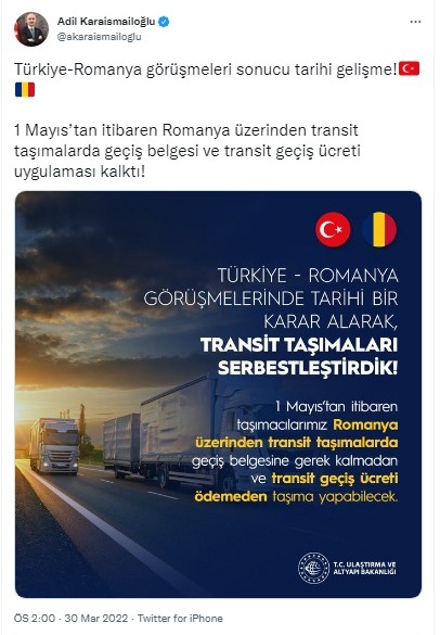 Romanya üzerinden transit taşımalarda geçiş ücreti kaldırıldı