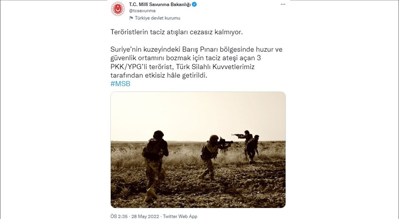 Suriye'nin kuzeyinde 3 PKK/YPG'li etkisiz hale getirildi Suriye'nin kuzeyinde 3 PKK/YPG'li etkisiz hale getirildi
