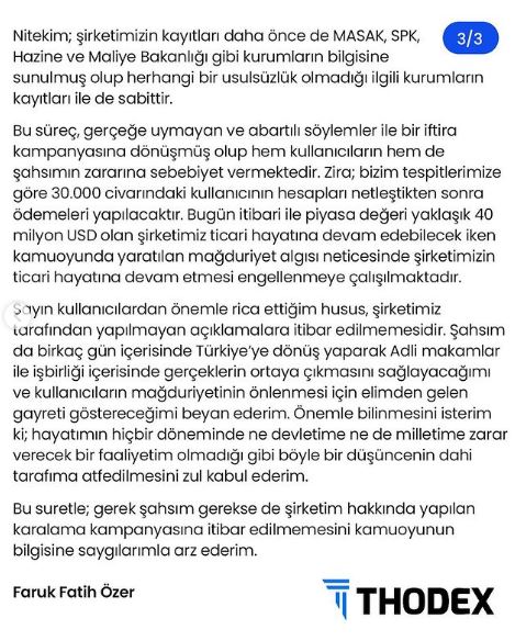 Thodex'ten 2 milyar dolarlık vurgun iddiasına ilk açıklama