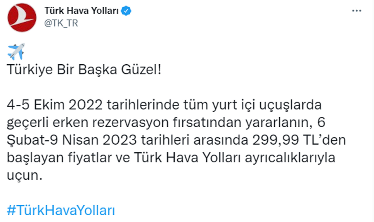 THY'den 299,99 liraya kampanyalı bilet! Tüm yurt içi uçuşlarda geçerli...