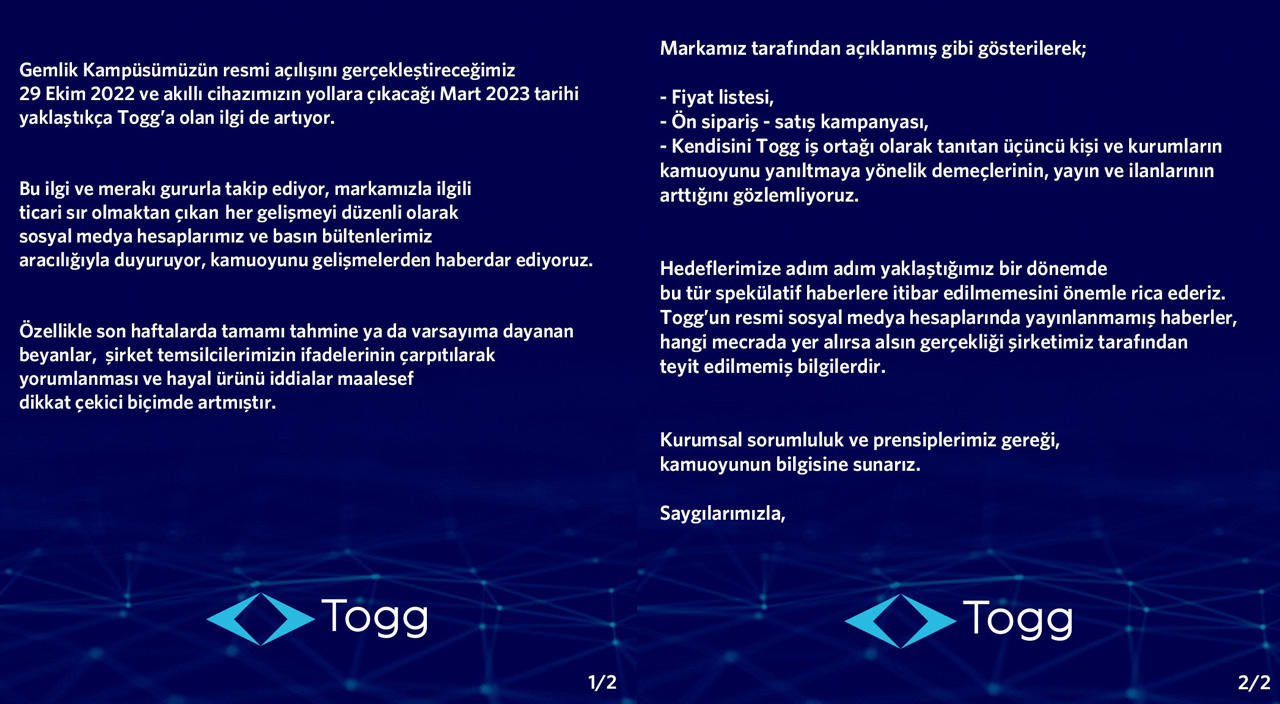 Togg'un fiyatına ilişkin resmi açıklama!