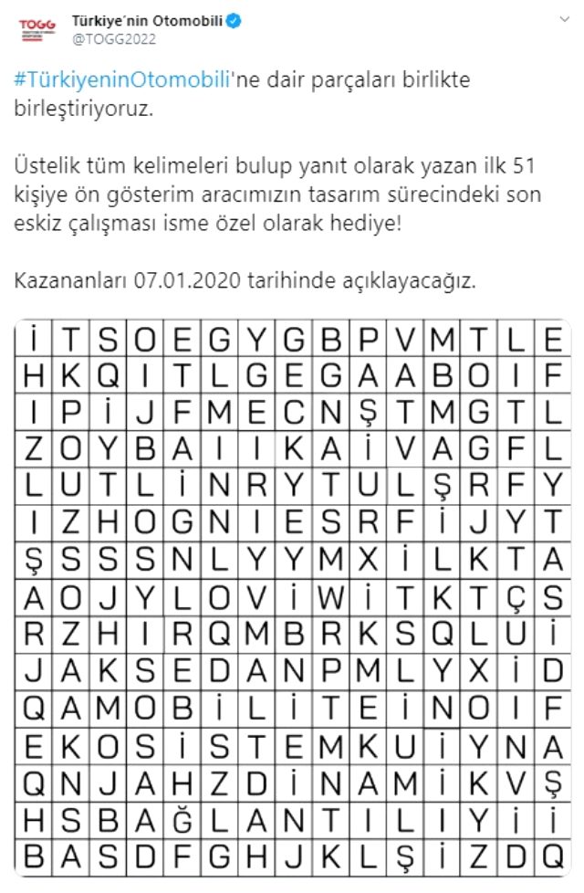 TOGG'un bulmacasını çözen ilk 51 kişiye, isme özel hediye verilecek