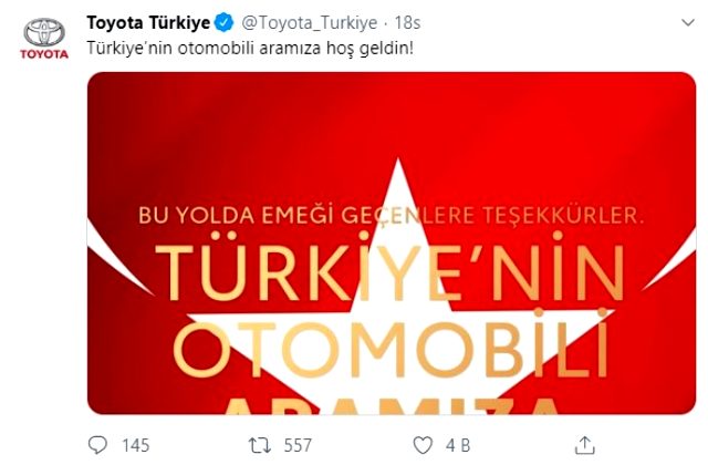 Toyota Türkiye'den 'yerli otomobil' paylaşımı Toyota Türkiye'den 'yerli otomobil' paylaşımı