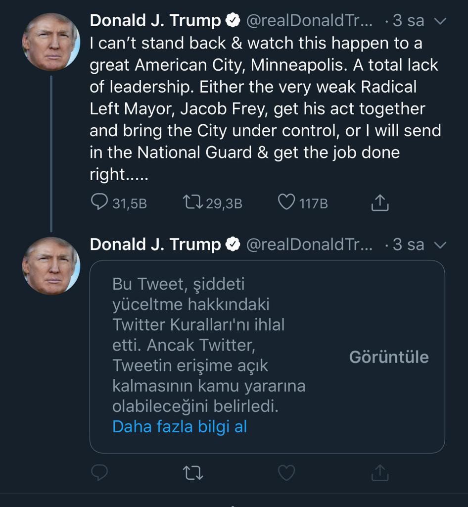 Twitter'dan Trump'ın Minneapolis paylaşımına 'şiddeti yüceltme' uyarısı Twitter'dan Trump'ın Minneapolis paylaşımına 'şiddeti yüceltme' uyarısı