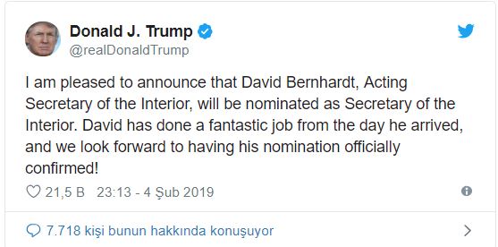 Trump, İçişleri Bakanı adayını açıkladı