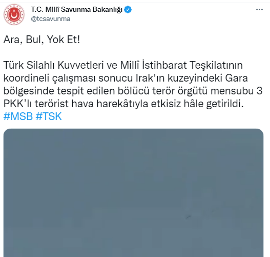 Irak'ın kuzeyindeki Gara'da 3 terörist etkisiz hale getirildi