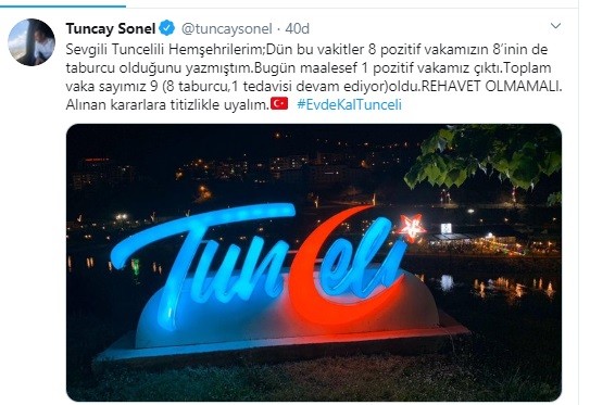 Tunceli'de Korona tedavisi gören 1 hasta kaldı