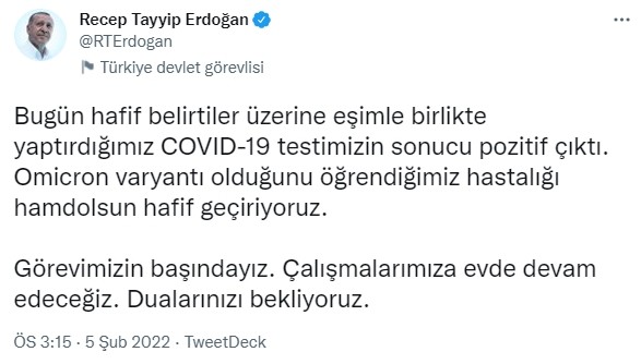 Cumhurbaşkanı Erdoğan ve eşi Emine Erdoğan koronavirüse yakalandı